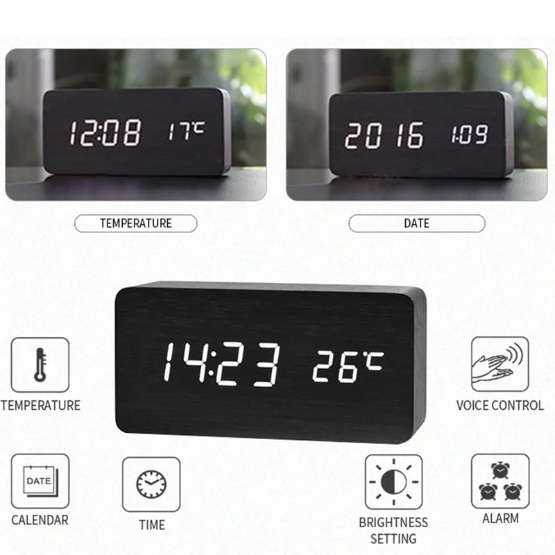 Wooden LED Digital Alarm Clock with Temperature Display Desk Clock