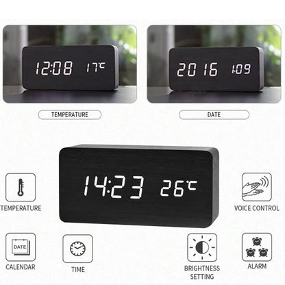 Wooden LED Digital Alarm Clock with Temperature Display Desk Clock