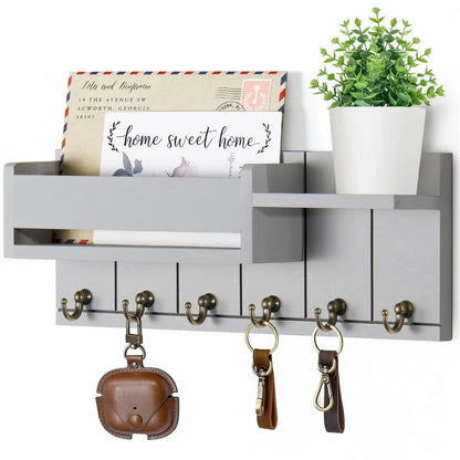Rustic Wood Entryway Wall Shelf 6 Hook Mail Key Organizer Storage