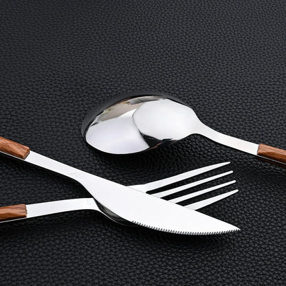 30-Piece Stainless Steel Flatware Set with Wooden Handles