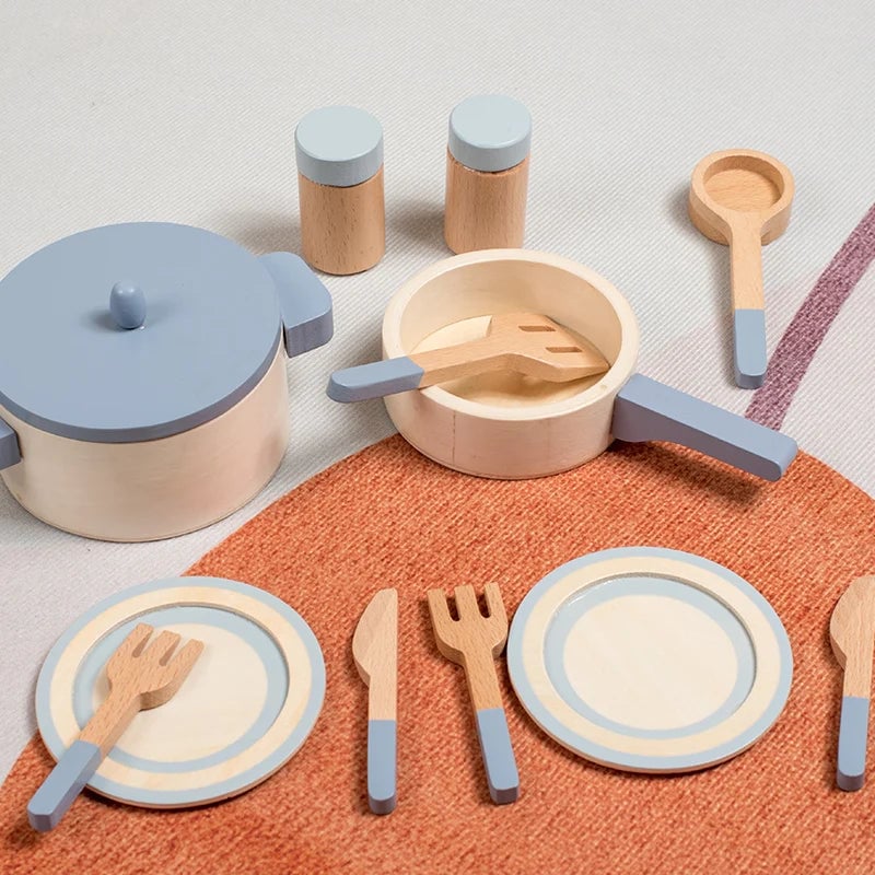 Wooden Play Kitchen Set with Pots,Pans & Food - Educational Role Play