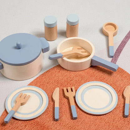 Wooden Play Kitchen Set with Pots,Pans & Food - Educational Role Play