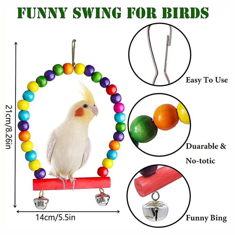 7PCS Wood Parrot Toy Set - Swing Bridge Bells Cage Accessories