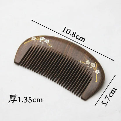 Natural Sandalwood Massage Hair Comb - Gold Plum Branch Design