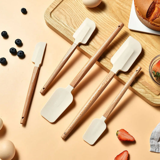 Silicone Cake Scraper Set with Wooden Handle - Baking Spatula Kit