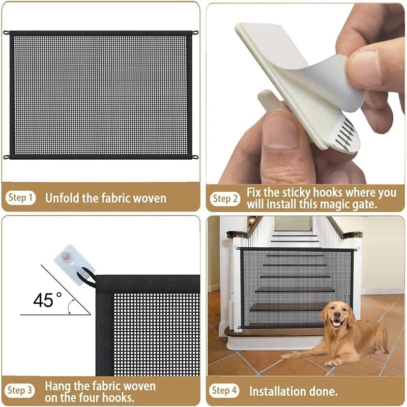 Folding Pet Safety Gate 4-Hook Breathable Mesh Dog Barrier Fence