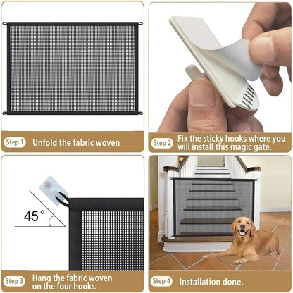 Folding Pet Safety Gate 4-Hook Breathable Mesh Dog Barrier Fence
