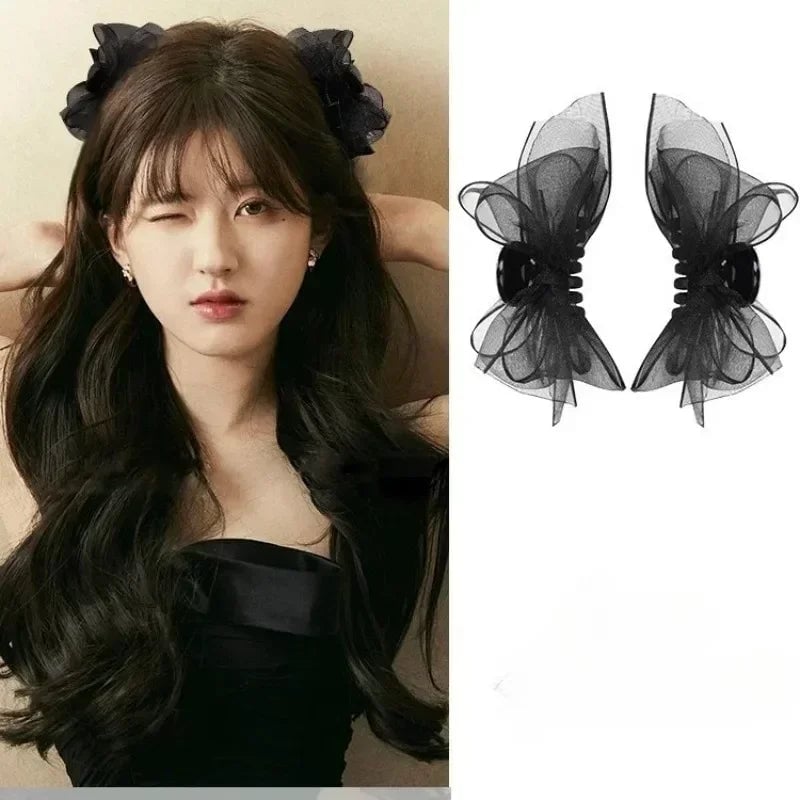 Black Matte Bowknot Mesh Hair Clips Set - 2pcs Bobby Pin Barrettes