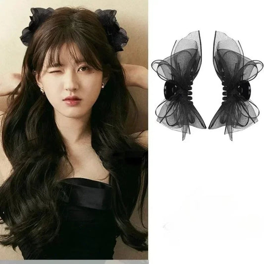 Black Matte Bowknot Mesh Hair Clips Set - 2pcs Bobby Pin Barrettes