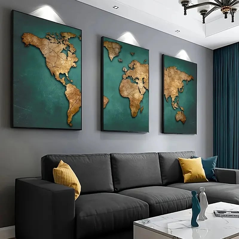 Retro World Map 3-Piece Canvas Wall Art Set Nordic Home Decor Posters