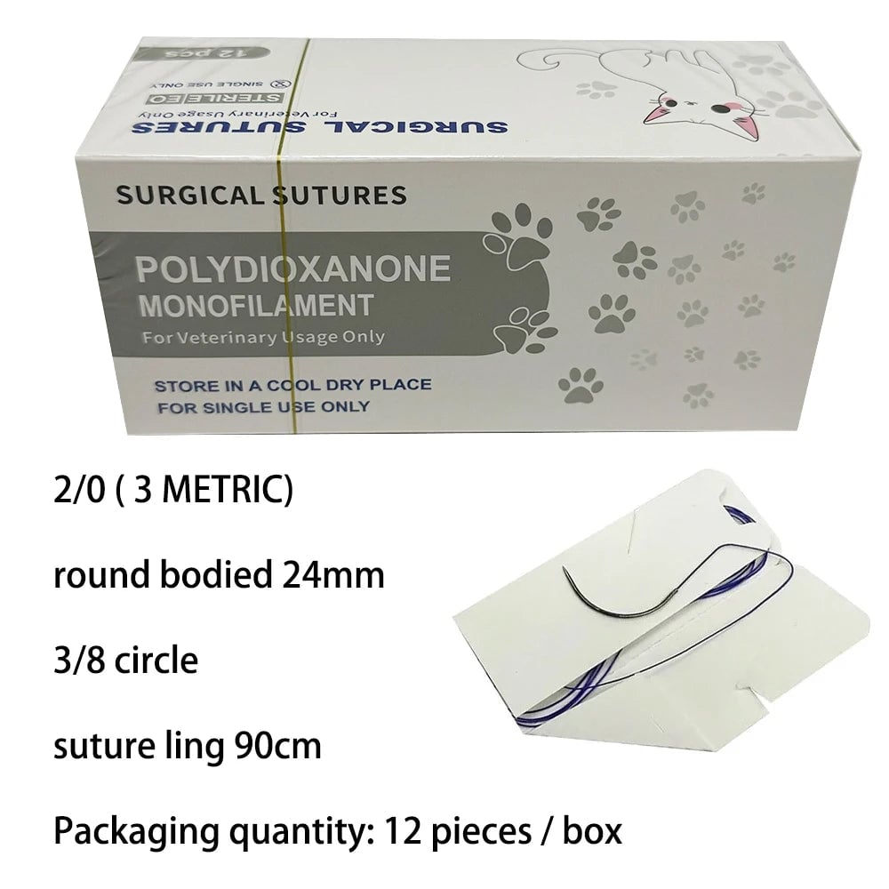 12pcs Pet PDO Sutures 3/8 Circle 90CM Needle 2/0-5/0 Cat Dog Surgery