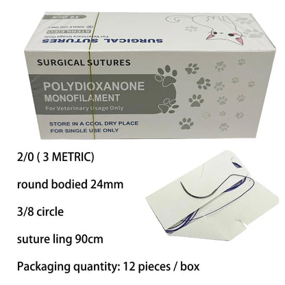 12pcs Pet PDO Sutures 3/8 Circle 90CM Needle 2/0-5/0 Cat Dog Surgery