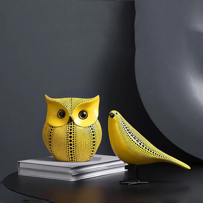 Yellow Wave Point Owl Pumpkin Figurine - Bird Statue Ornament Decor