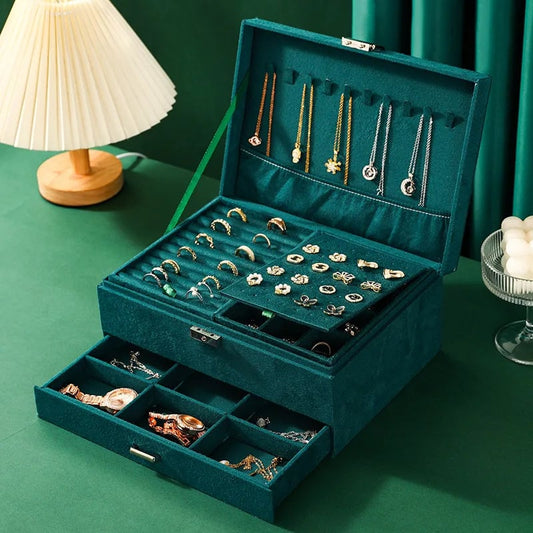 Green Velvet Jewelry Box Double Lock Large Capacity Vintage Style