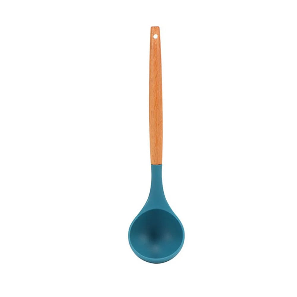 Blue Heat-Resistant Silicone Spatula Spoon with Wooden Handle