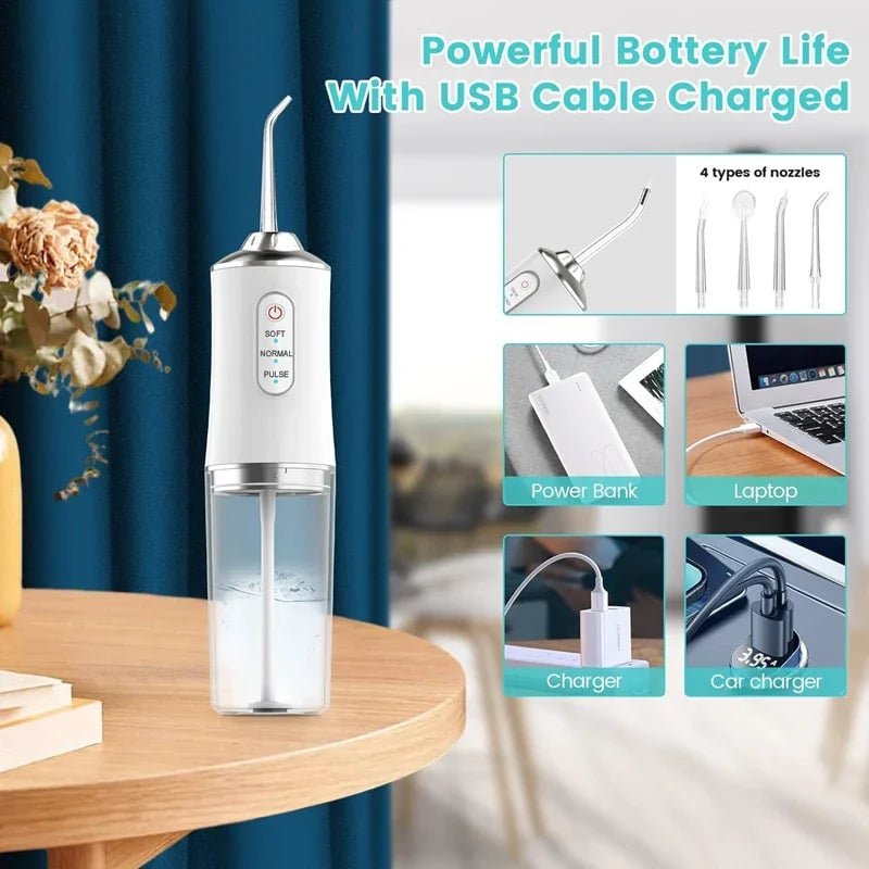 USB Rechargeable Water Flosser 220ml 3 Modes 4 Tips Portable Dental