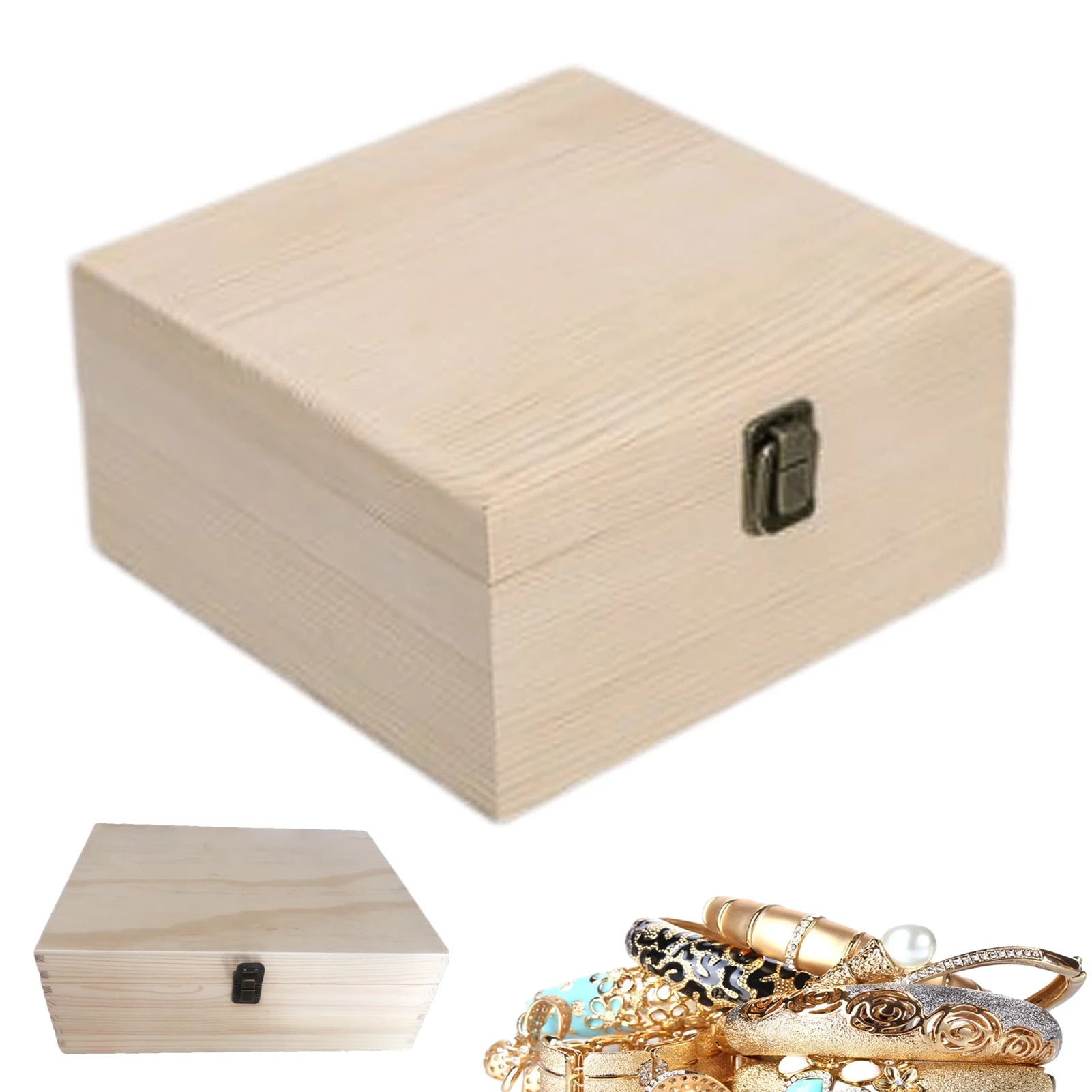 Unfinished Wood Jewelry Box Hinged Lid Storage Keepsake Organizer