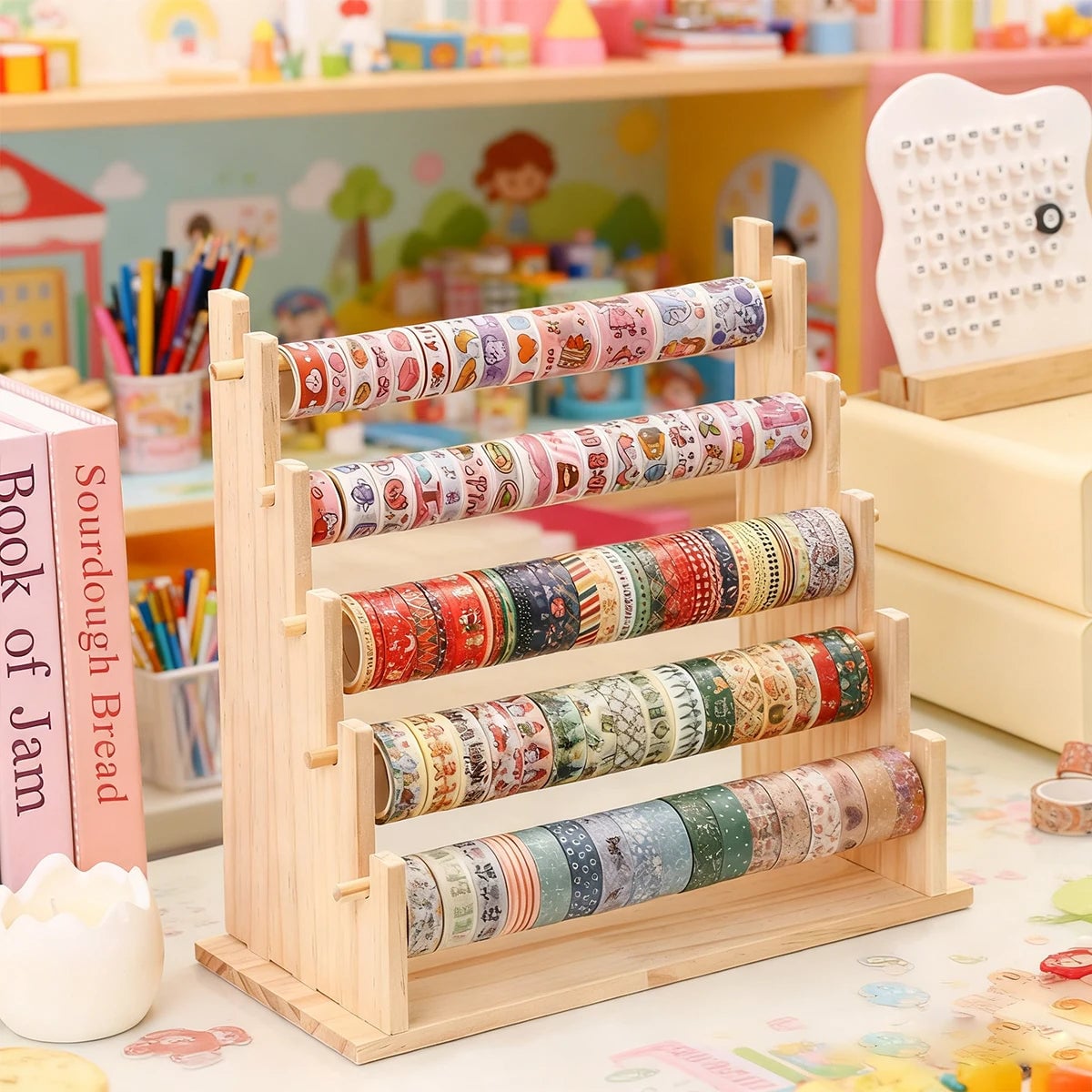 Wooden Desktop Organizer Rack for Tape Stickers & Necklaces