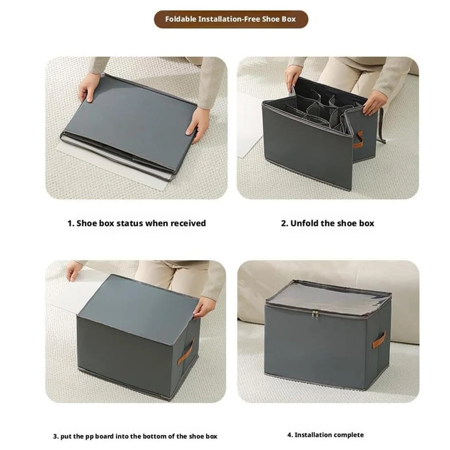 Collapsible Fabric Shoe Storage Bin with Clear Cover & Handles