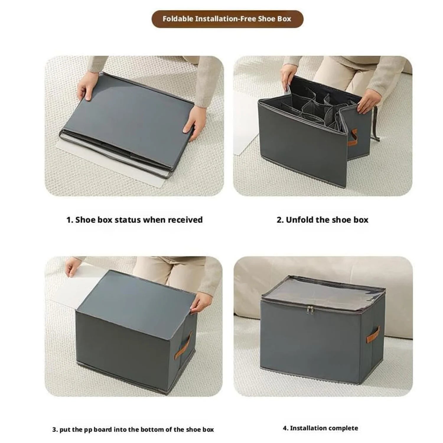 Collapsible Fabric Shoe Storage Bin with Clear Cover & Handles