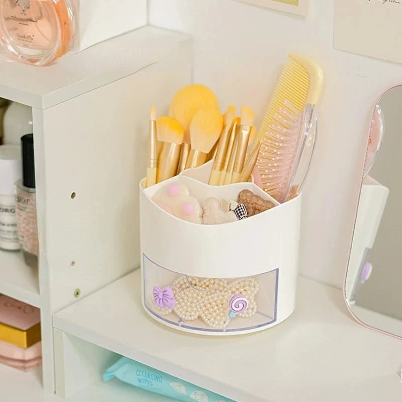 Rotating Desktop Pen Holder with Drawer - Kawaii Stationery Organizer