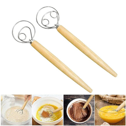 Danish Dough Whisk Stainless Steel Dutch Bread Mixer Wooden Handle