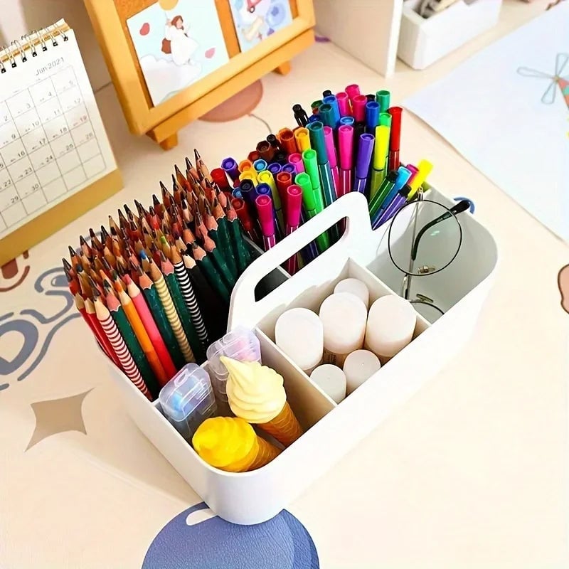 5-Compartment Plastic Storage Basket with Handle - Desk Organizer
