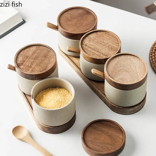 Round Ceramic Spice Jar with Wooden Lid - Salt Pepper Storage