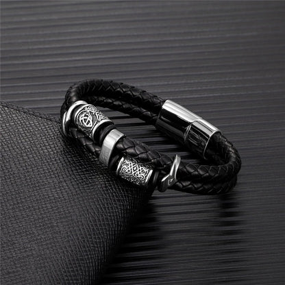 Norse Runes Genuine Leather Braided Bracelet Stainless Steel Beads