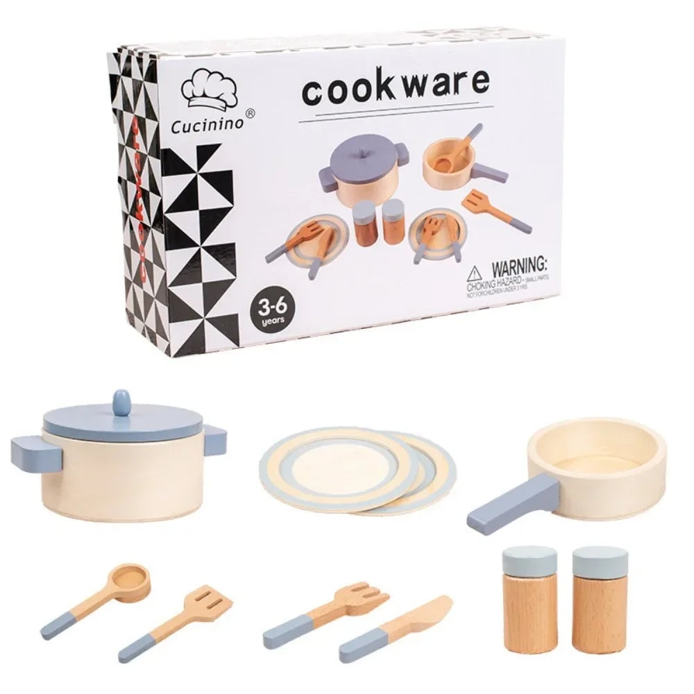 Wooden Mini Kitchen Cookware Set - Pretend Play Pots & Pans Toys