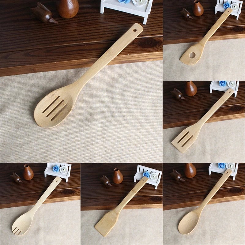6-Piece Bamboo Spoon Spatula Set - Wooden Kitchen Utensils Mixing