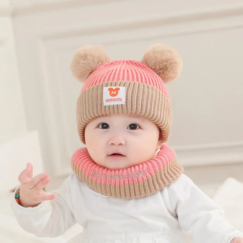 Baby Winter Hat Scarf Set - Bear Ear Knitted Crochet Beanie Cap