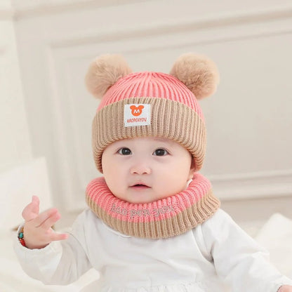 Baby Winter Hat Scarf Set - Bear Ear Knitted Crochet Beanie Cap