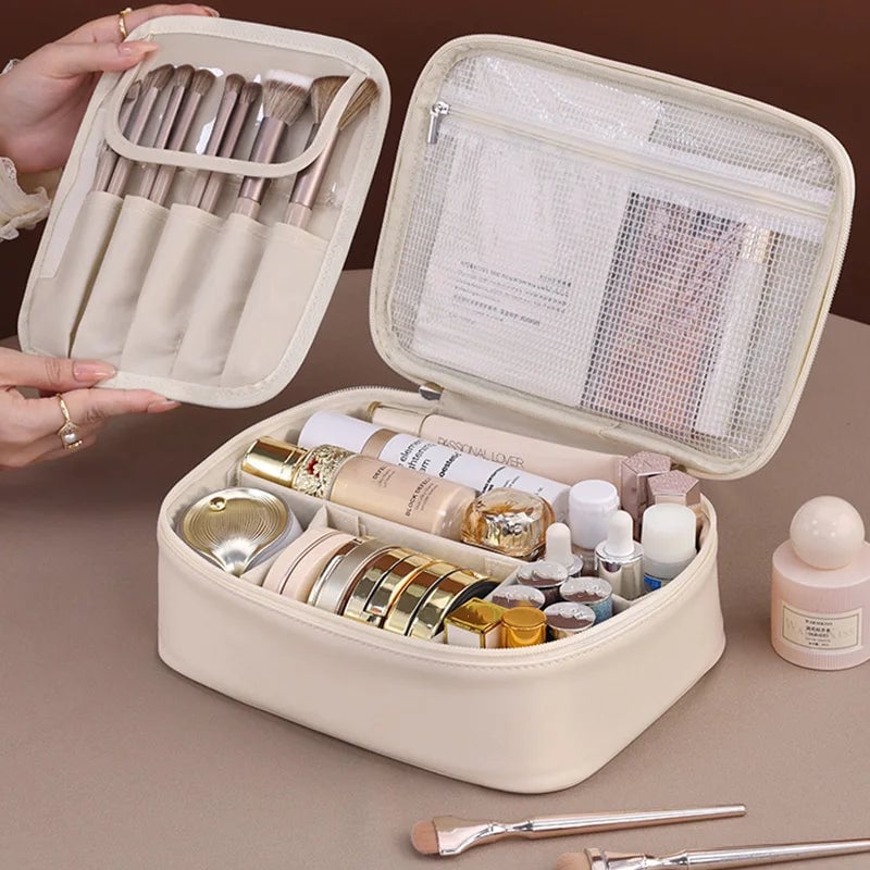 Large PU Leather Tote Makeup Bag - Travel Cosmetic Storage Organizer