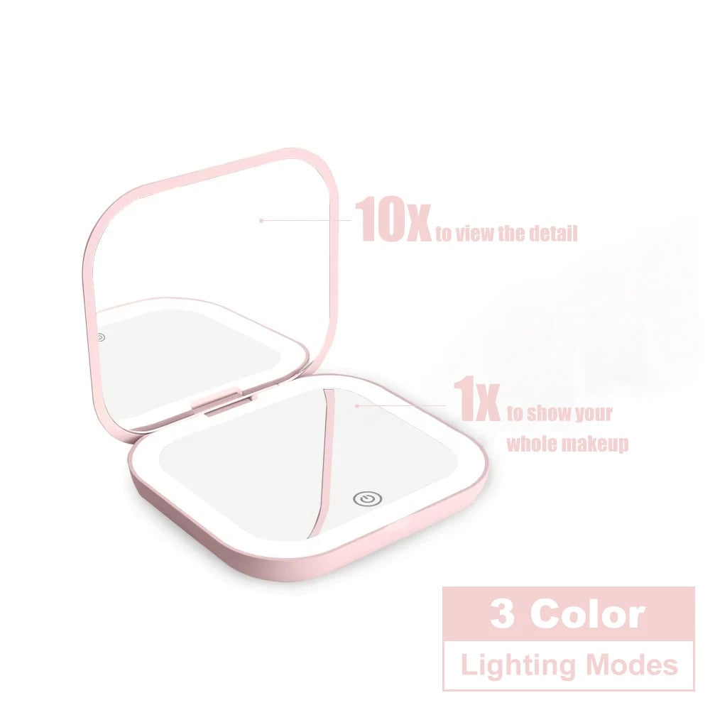 LED Compact Mirror 1X/2X Magnification Portable Folding Travel Makeup
