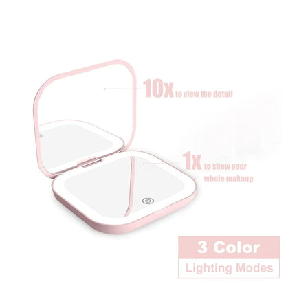 LED Compact Mirror 1X/2X Magnification Portable Folding Travel Makeup