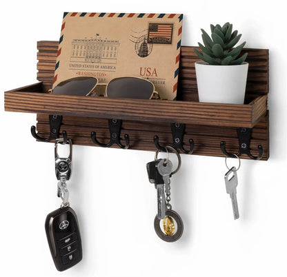 Wooden Wall Mount Key Holder Mail Organizer 4 Hooks Rustic Entryway