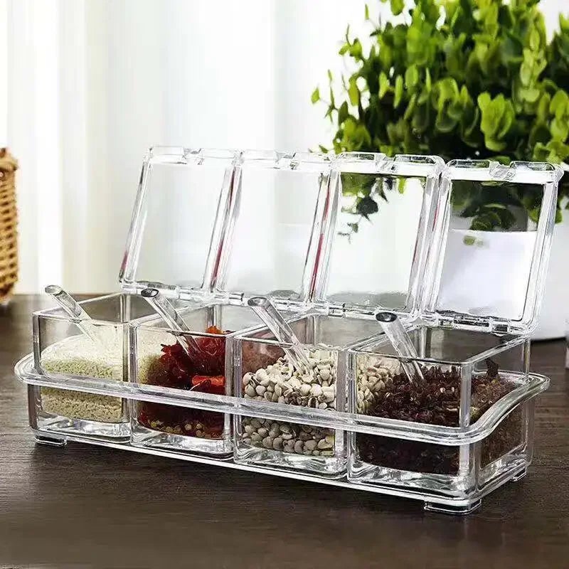 4-Compartment Transparent Seasoning Box with Spoon Lid Storage Base