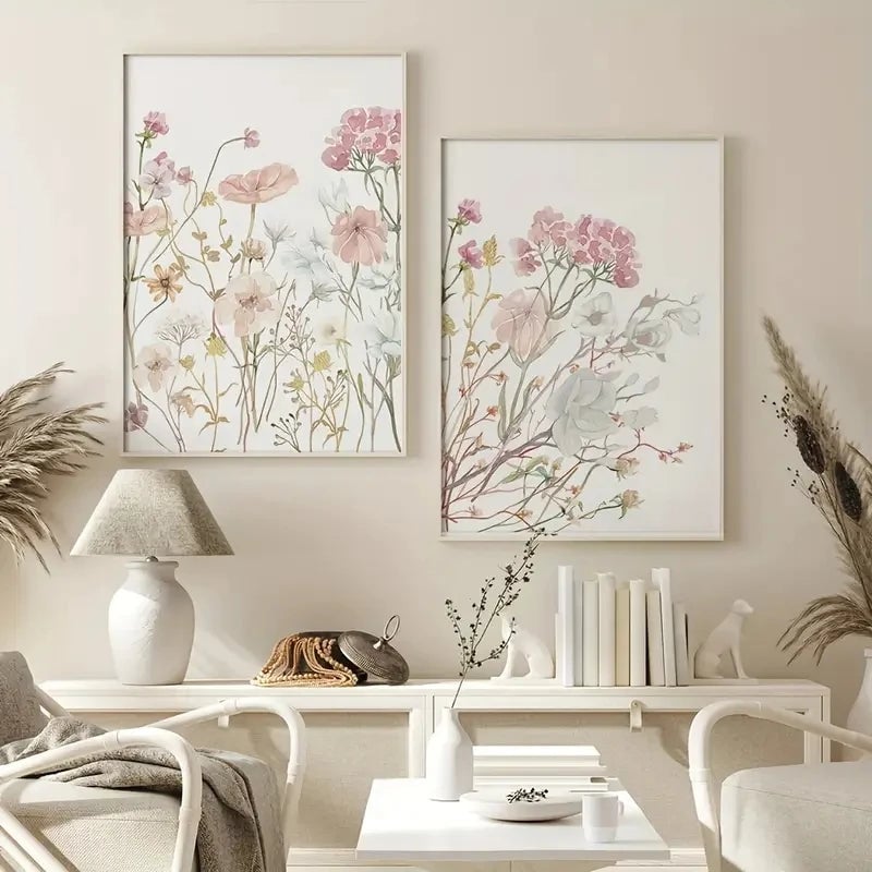 3pc Pink Watercolor Floral Canvas Wall Art Set - Bedroom Decor