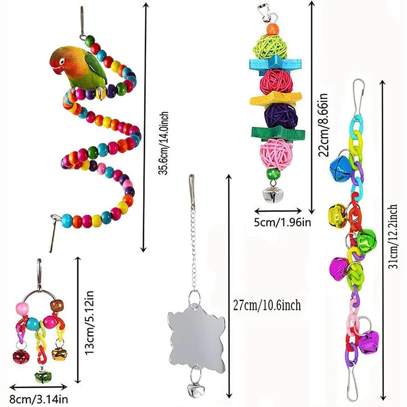 7PCS Wood Parrot Toy Set - Swing Bridge Bells Cage Accessories