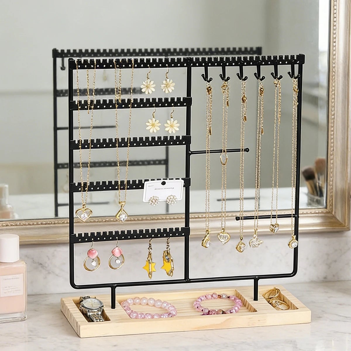 Metal Jewelry Organizer Stand with Wooden Tray - Multi-Functional
