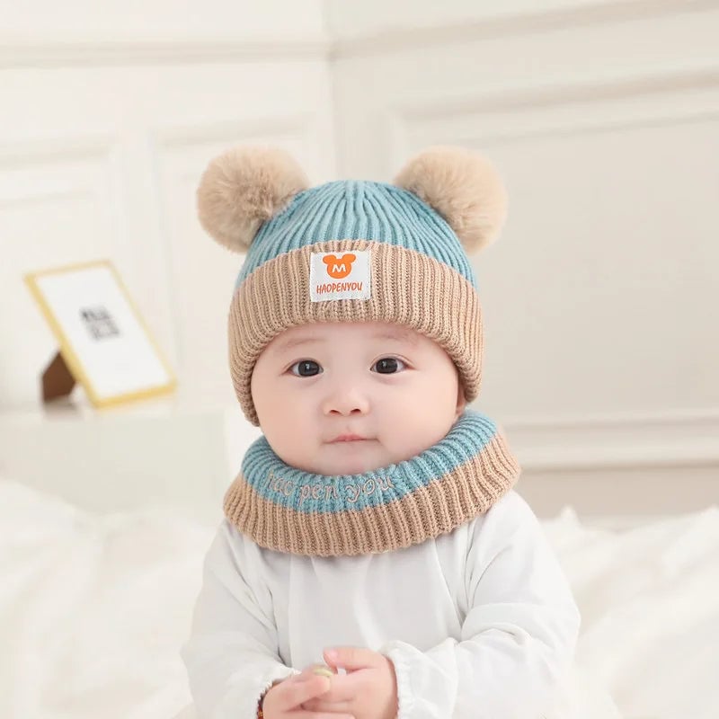 Baby Winter Hat Scarf Set - Bear Ear Knitted Crochet Beanie Cap