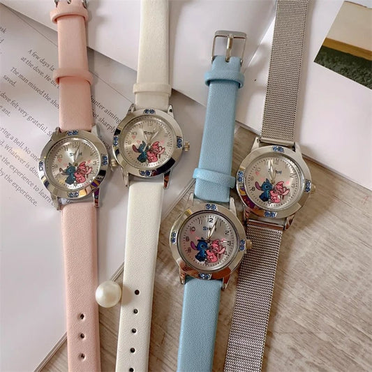 Disney Stitch Diamond Quartz Watch - Leather & Steel Band Women's Gift