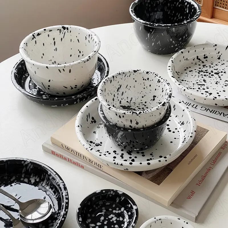 Ceramic Dessert Plates Set - Splashing Ink Design Breakfast Dishes