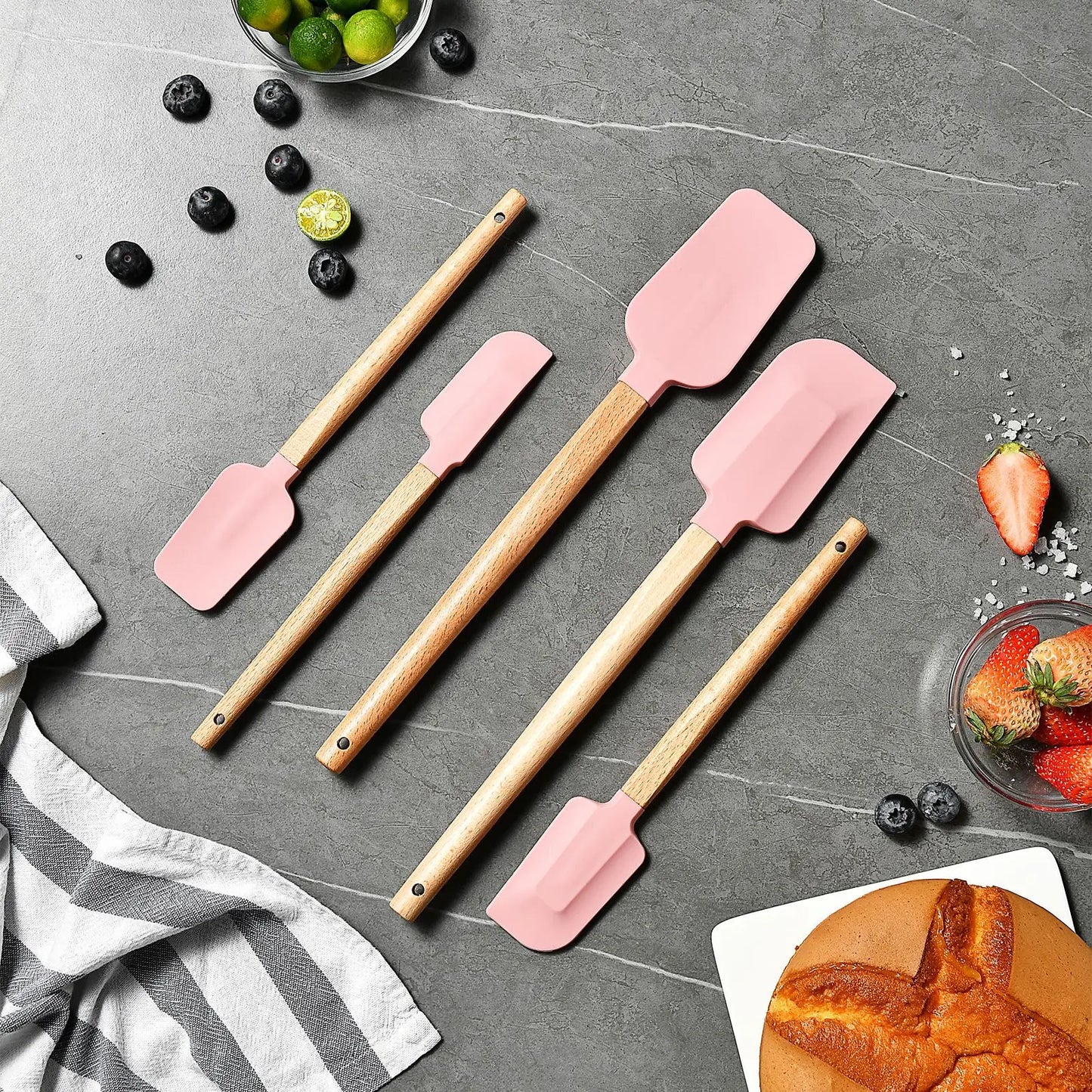Silicone Cake Scraper Set with Wooden Handle - Baking Spatula Kit