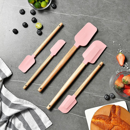 Silicone Cake Scraper Set with Wooden Handle - Baking Spatula Kit