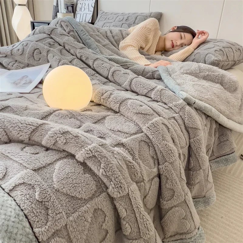 Winter Fleece Heart Plush Blanket - Soft Thick Bed Sofa Single Double