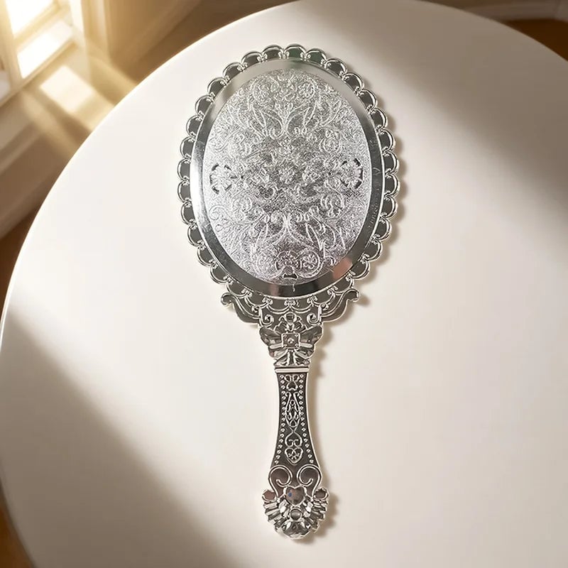 Vintage Oval Round Handheld Makeup Mirror Patterned Beauty Tool