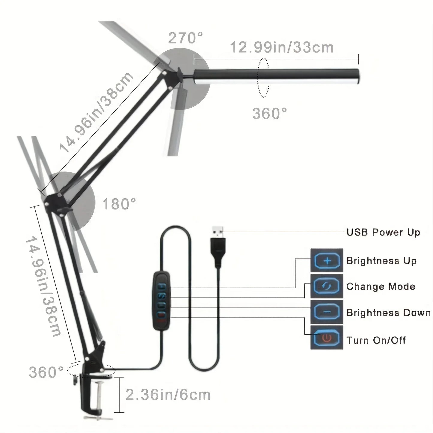 14W LED Desk Lamp Eye-Care Metal Swing Arm 3 Color Dimmable Clamp