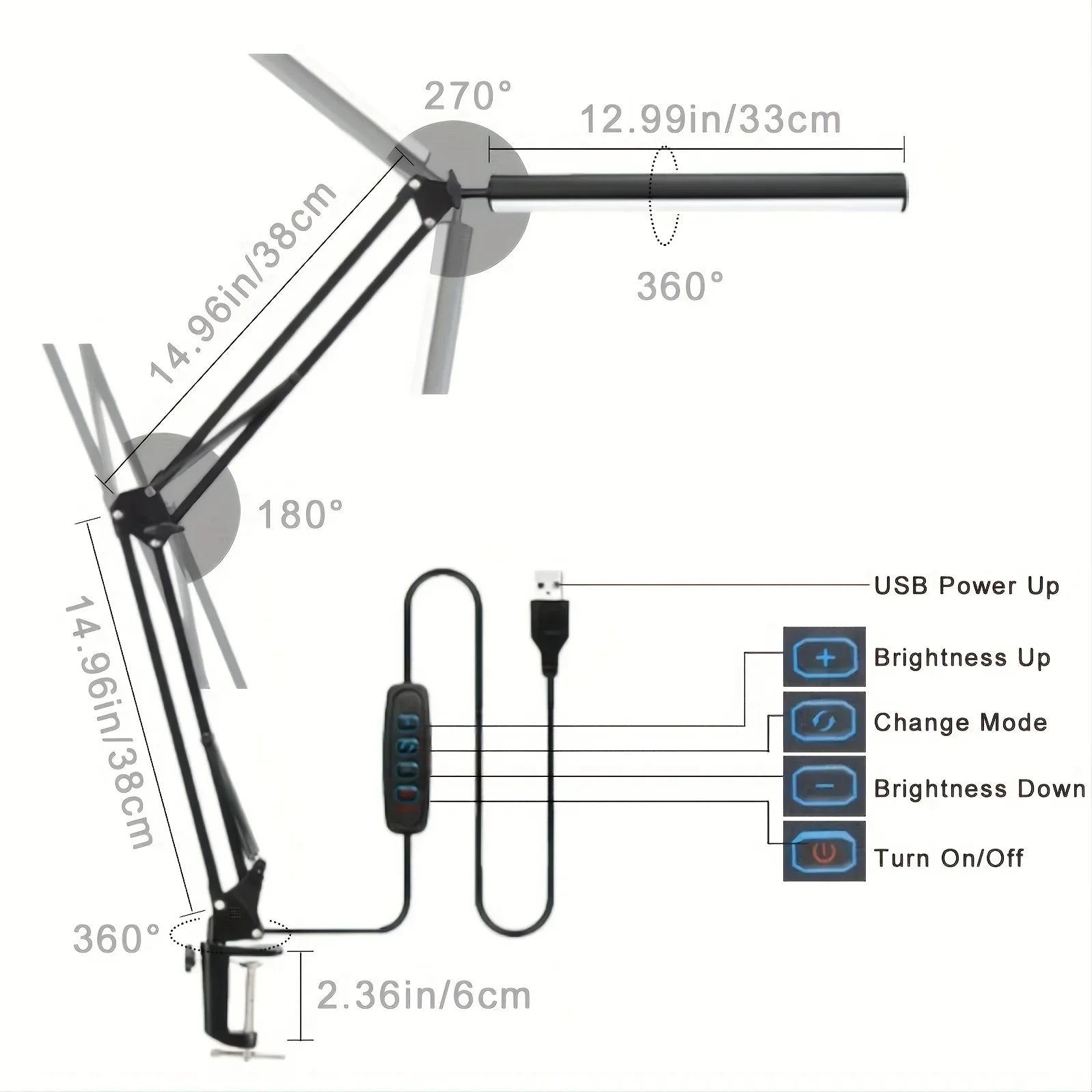 14W LED Desk Lamp Eye-Care Metal Swing Arm 3 Color Dimmable Clamp